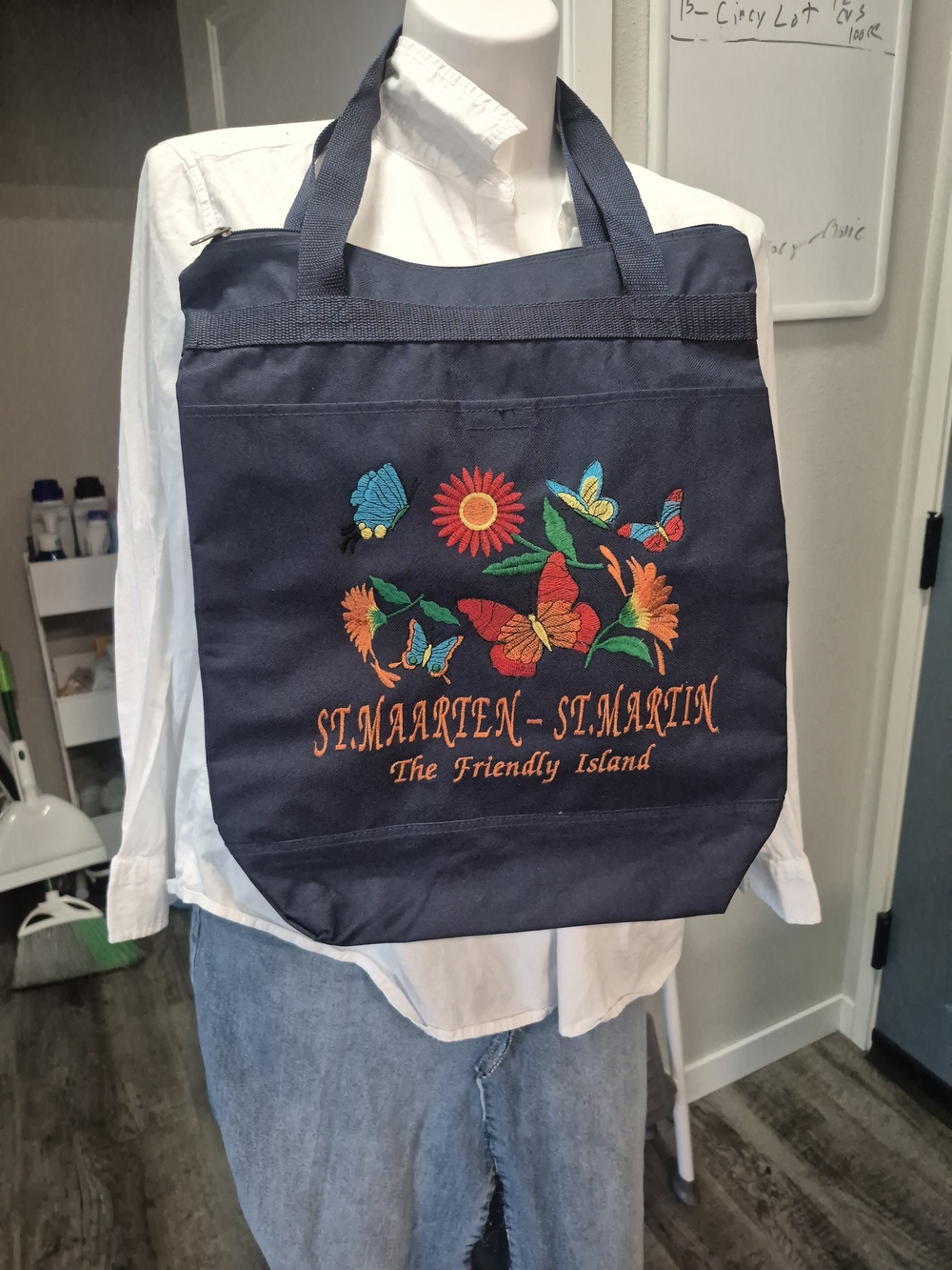 Navy Embroidered St. Maarten Tote Bag with Colorful Butterfly Design